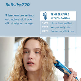 BaBylissPRO Nano Titanium Waver shown with LED temperature control for precise styling.