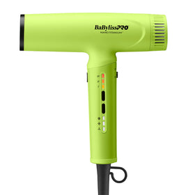 BaBylissPRO Nano Titanium light hair dryer neon yellow for quick, frizz-minimizing styling.