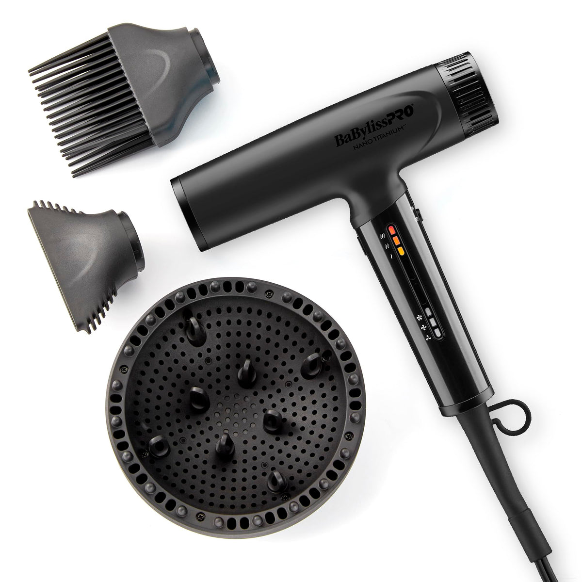 BaBylissPRO Nano Titanium Light Ionic Hair Dryer with diffuser for curl definition and smooth shine.