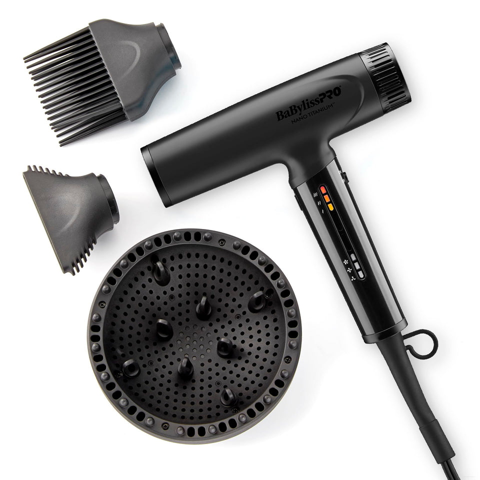 BaBylissPRO Nano Titanium Light Ionic Hair Dryer with diffuser for curl definition and smooth shine.