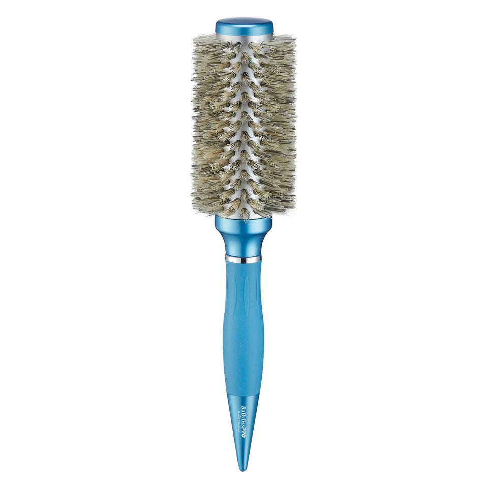 BaBylissPRO Nano Titanium round brush with boar bristles adds natural shine to thick hair.