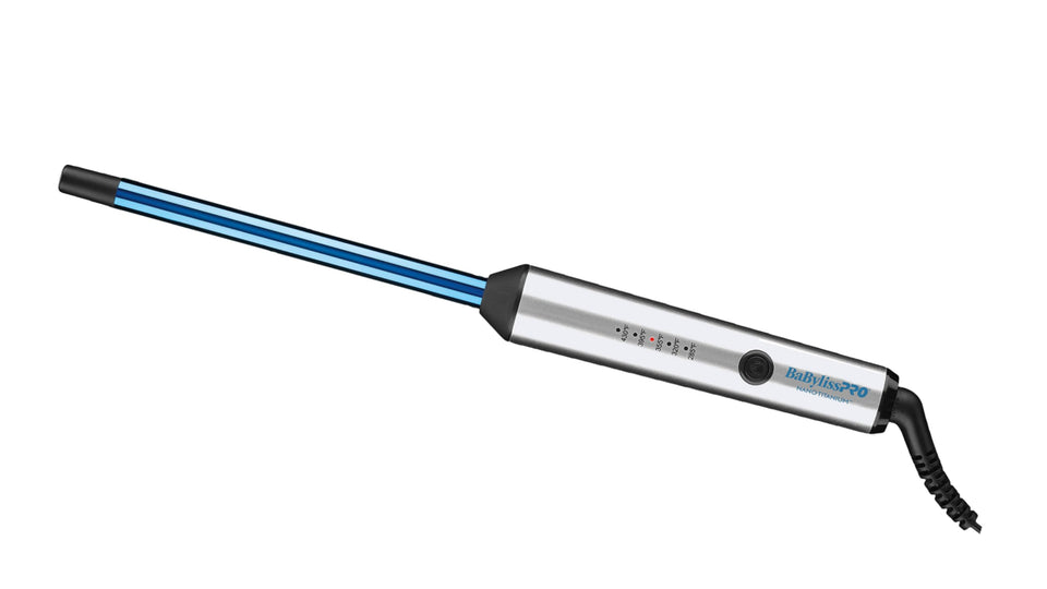 BaBylissPRO Nano Titanium Ultra-Slim wand close-up on blue barrel showing even heat and lasting curls