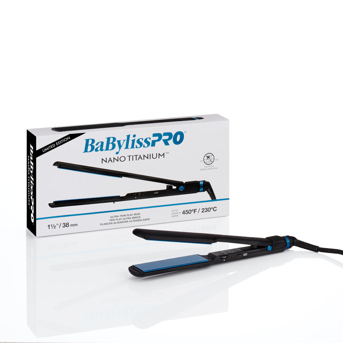 BaBylissPRO Nano Titanium Ultra-Thin Flat Iron in-use straightening hair with radiant shine