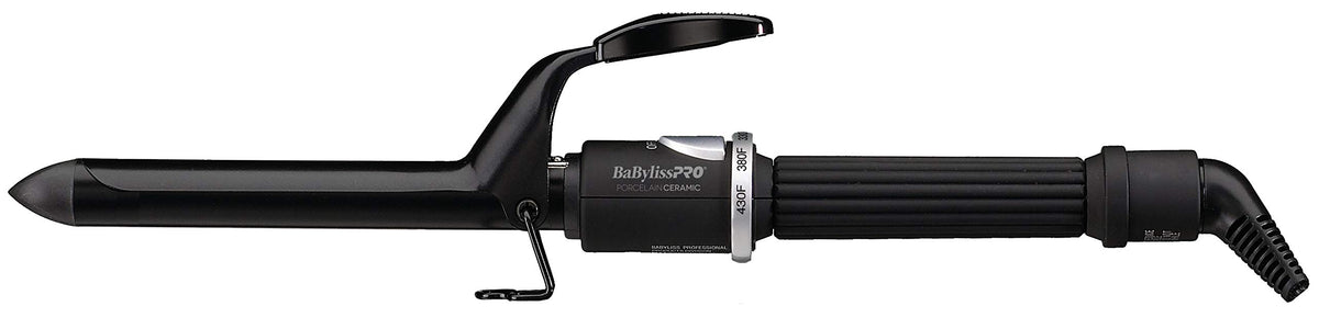 BaBylissPRO porcelain ceramic curling iron barrel close-up showing even heat distribution for smooth curls.
