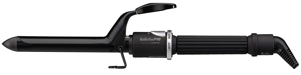 BaBylissPRO porcelain ceramic curling iron barrel close-up showing even heat distribution for smooth curls.