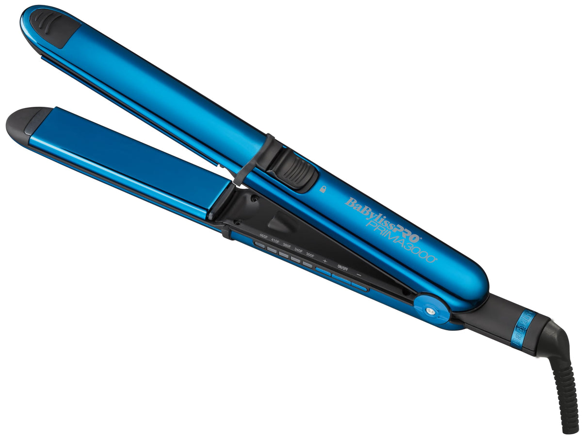 BaBylissPRO Prima3000 ionic styling iron close-up of nano titanium plates for fast, smooth results