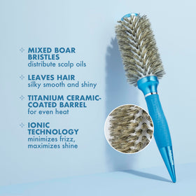 BaBylissPRO round brush smoothing thick textured hair for glossy finish.