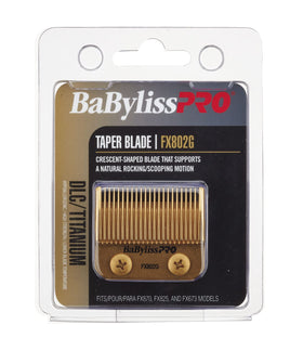 BaBylissPRO FX802G titanium taper blade shown with compatible clippers.