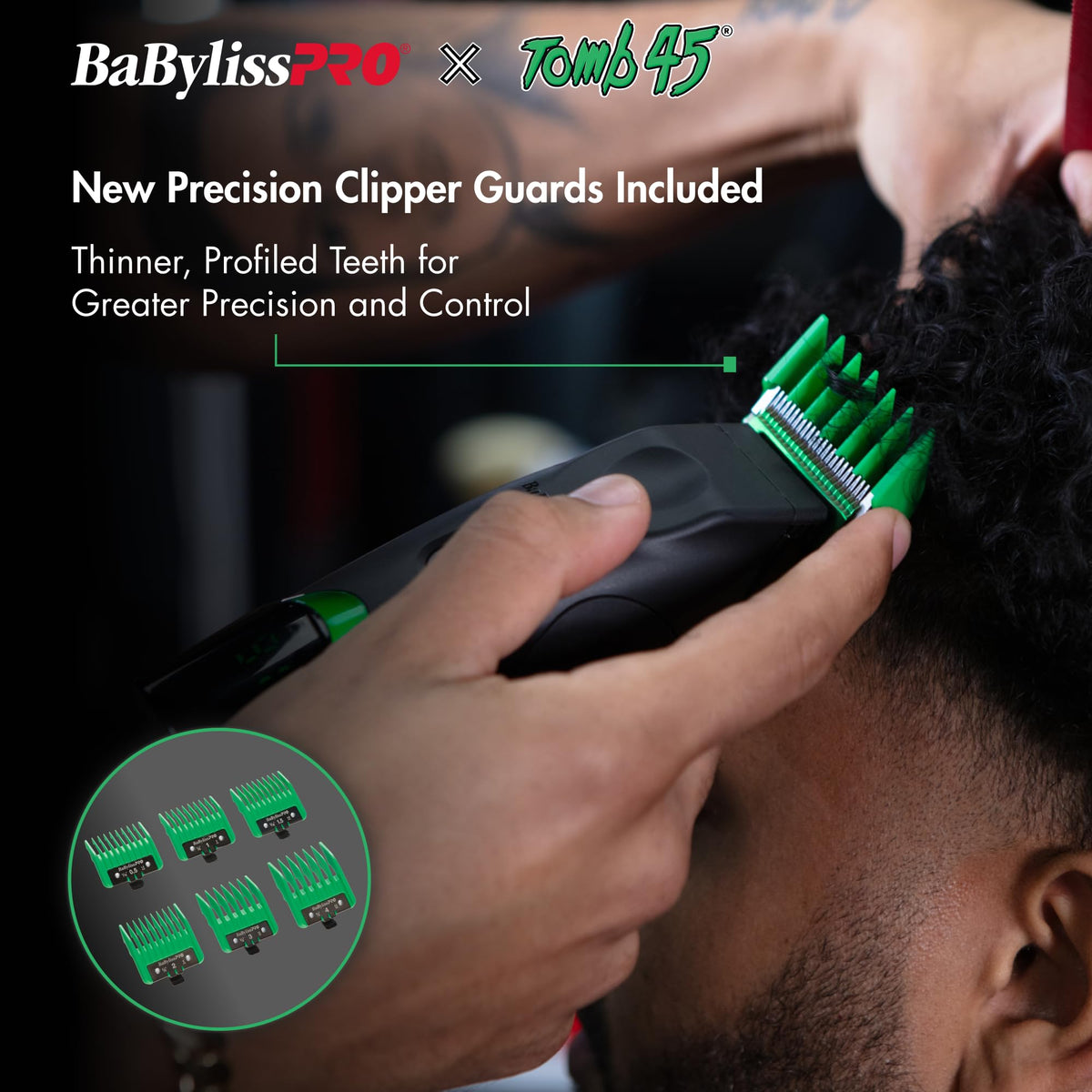 BaBylissPRO Tomb45 clipper with Black Titanium Fade Blade stays cool for precise fades.