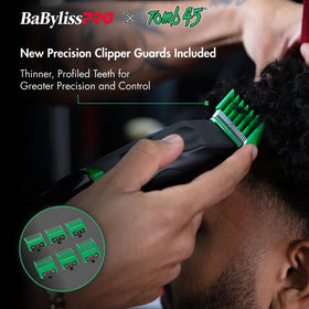 BaBylissPRO Tomb45 clipper with Black Titanium Fade Blade stays cool for precise fades.
