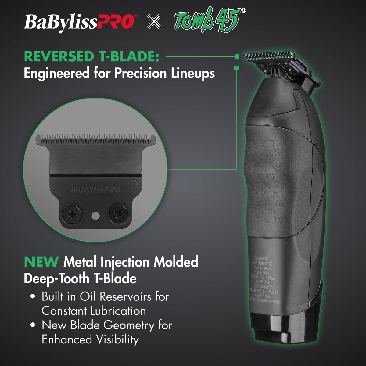 BaBylissPRO Tomb45 dual Li‑ion batteries power long grooming sessions.
