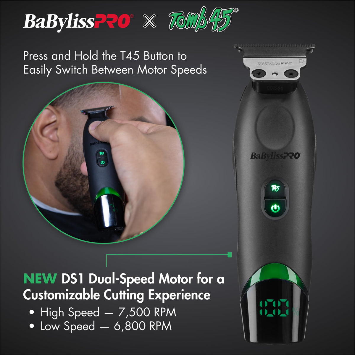 BaBylissPRO Tomb45 trimmer charging wirelessly for cordless touch-ups.
