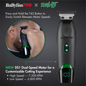 BaBylissPRO Tomb45 trimmer charging wirelessly for cordless touch-ups.