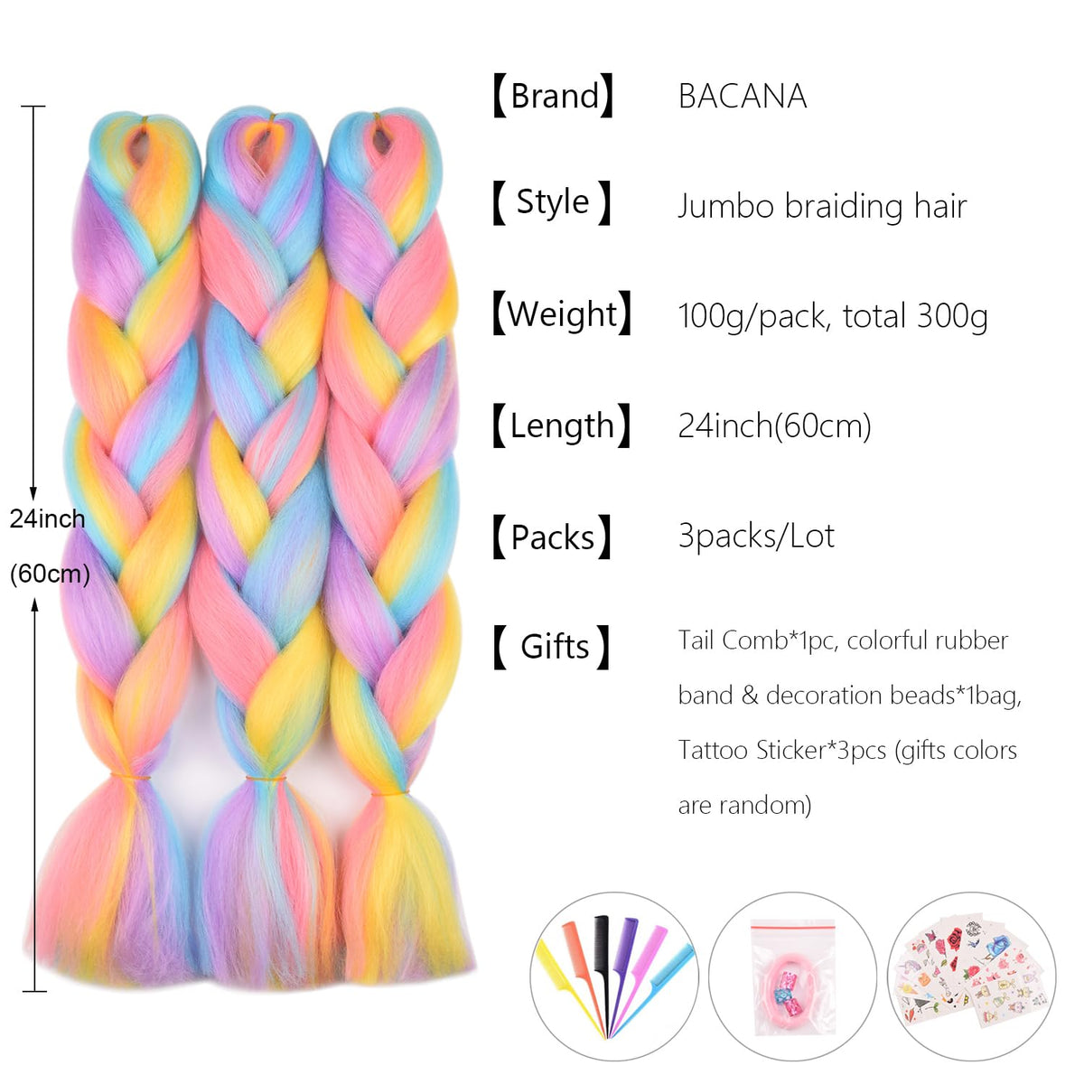 BACANA Ombre hair in pink, purple, blue, and yellow for bold braids.