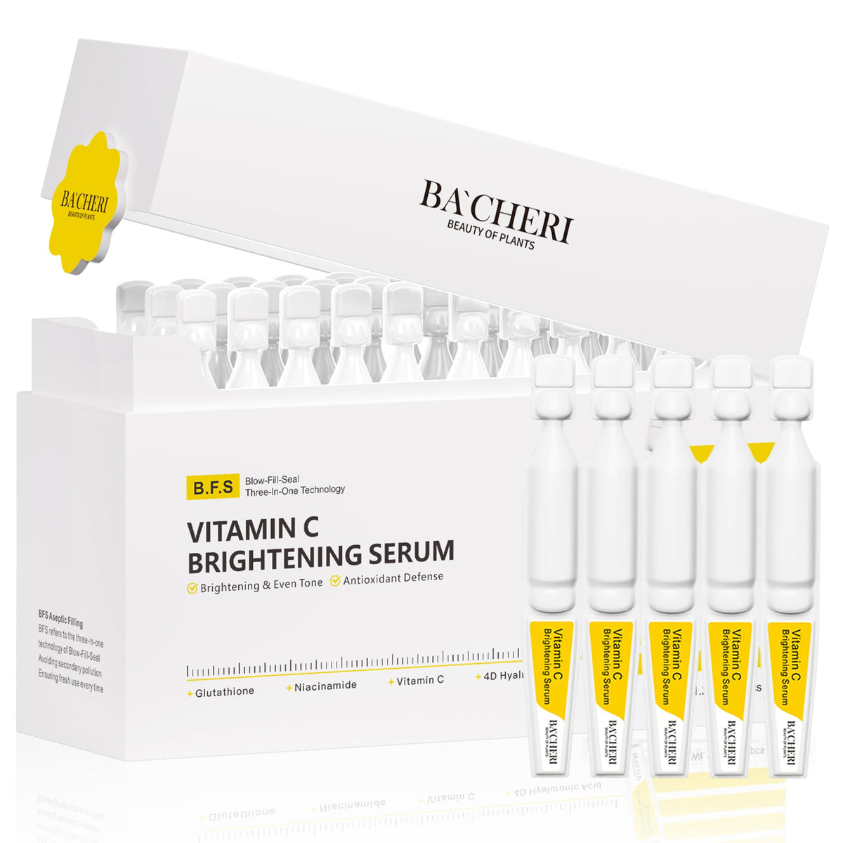 BACHERI vitamin C brightening serum ampoules packaging highlights freshness and travel-ready design