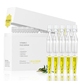 BACHERI Vitamin C serum ampoules bottle close-up for daily brightness and dark spot support.