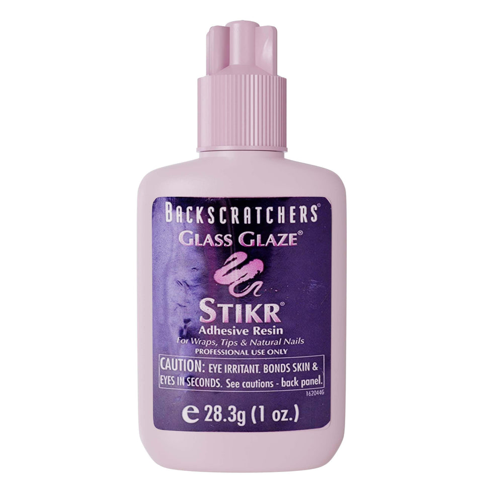 Backscratchers Glass Glaze Stikr Resin bottle closeup showing durable nail finish