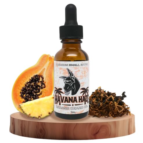 Badass Beard Care Havana Haze bottle shows natural beard oil for softer hair.