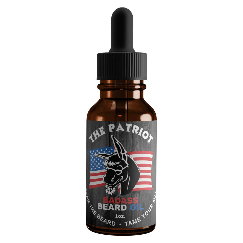Badass Beard Care Patriot oil bottle showcases premium all-natural formula for softer, healthier beard.