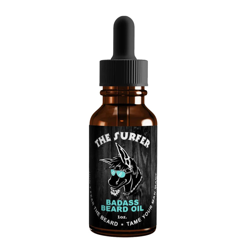 Badass Beard Care Surfer Scent beard oil bottle—softens hair and hydrates skin.