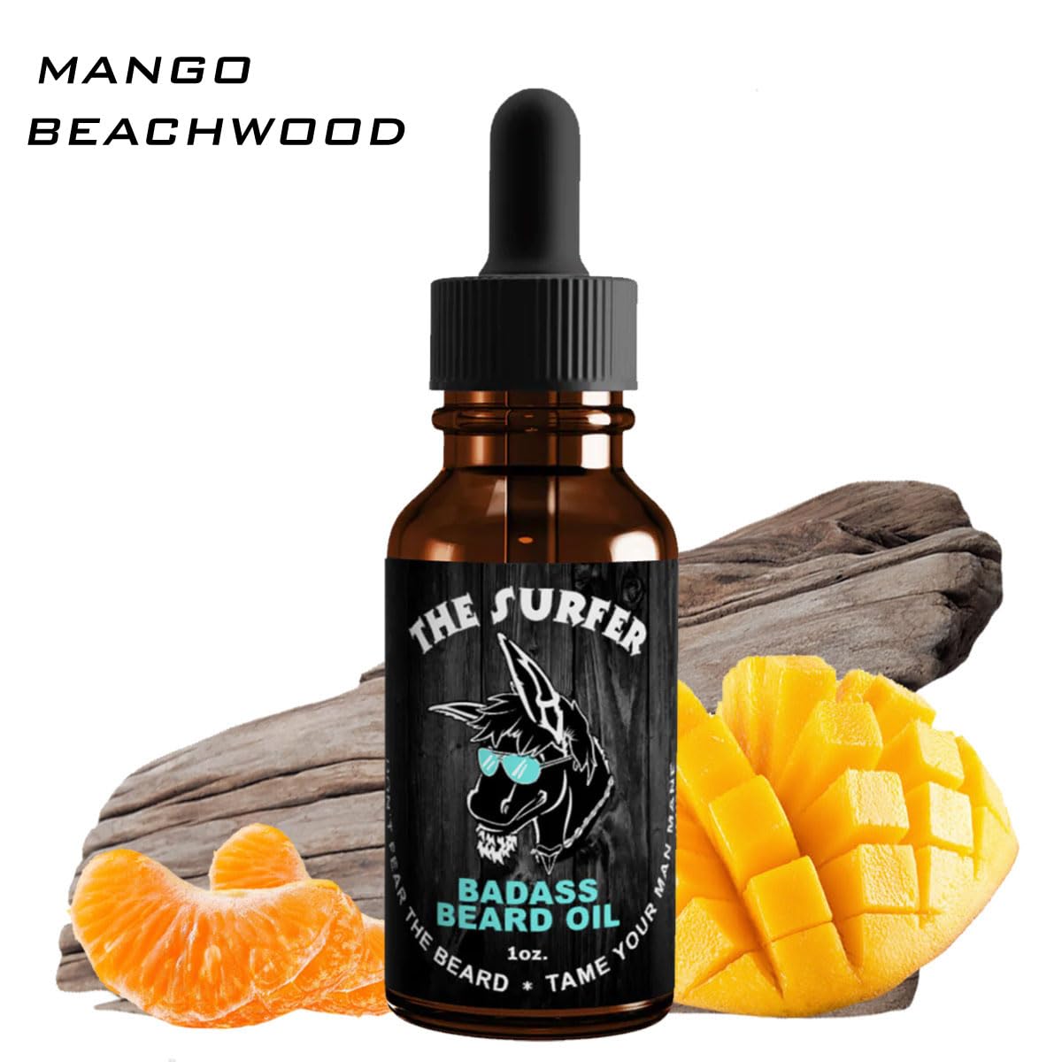 Badass Beard Care Surfer Scent beard oil dropper top—fragrance release for grooming.