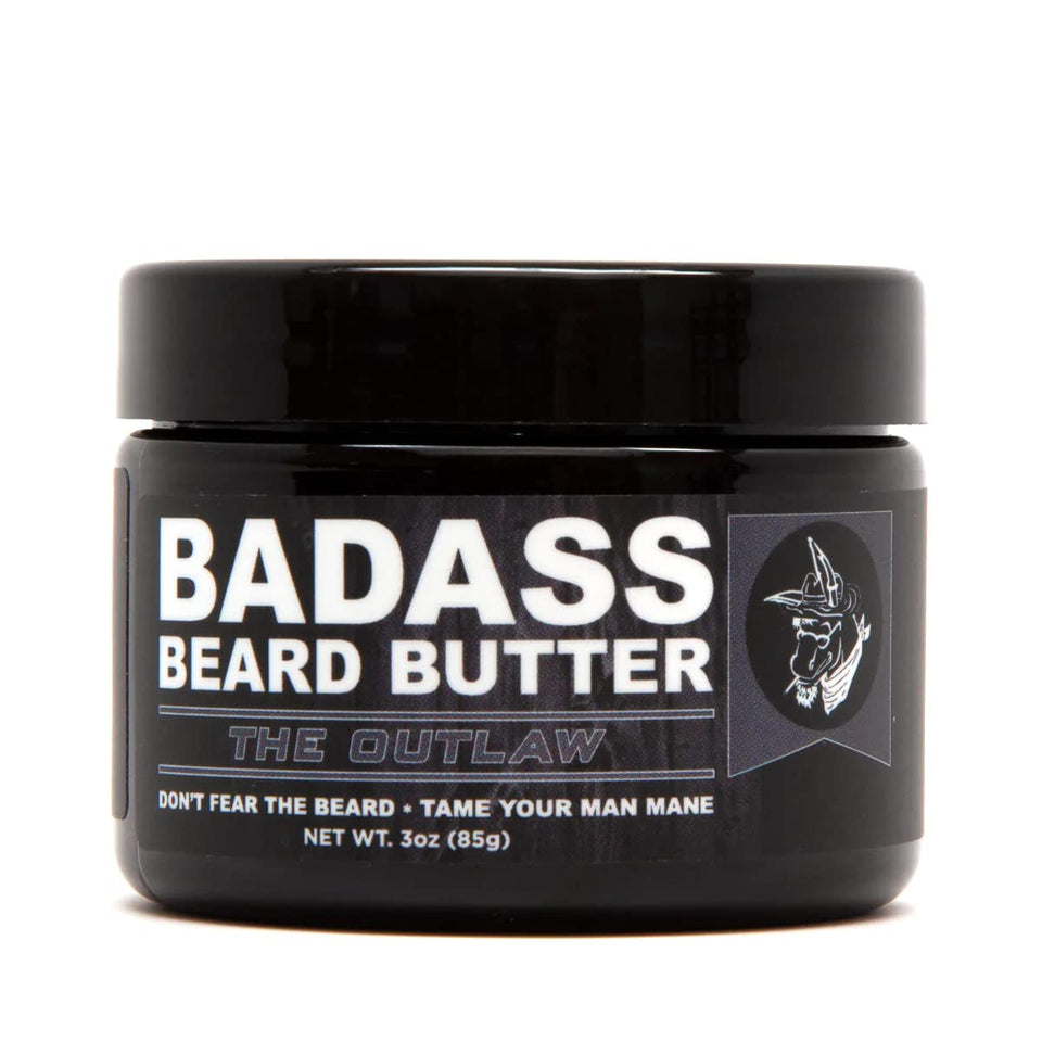 Badass Beard Care The Outlaw Beard Butter packaging showcases a premium natural formula.
