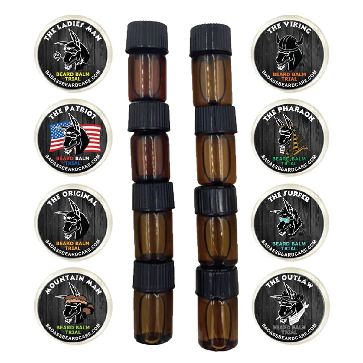 Badass Beard Care Trial Kit front-view with eight packs, ideal for travel or gifting.