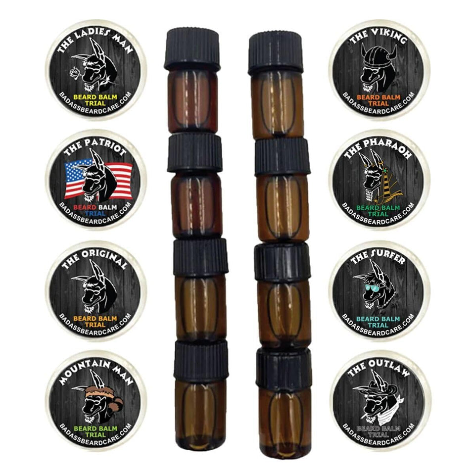 Badass Beard Care Trial Kit front-view with eight packs, ideal for travel or gifting.