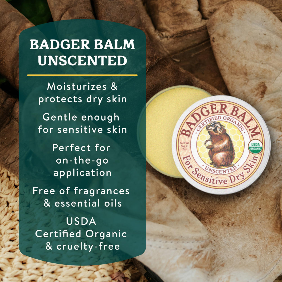 Badger Balm Unscented tin label showing fragrance-free formula