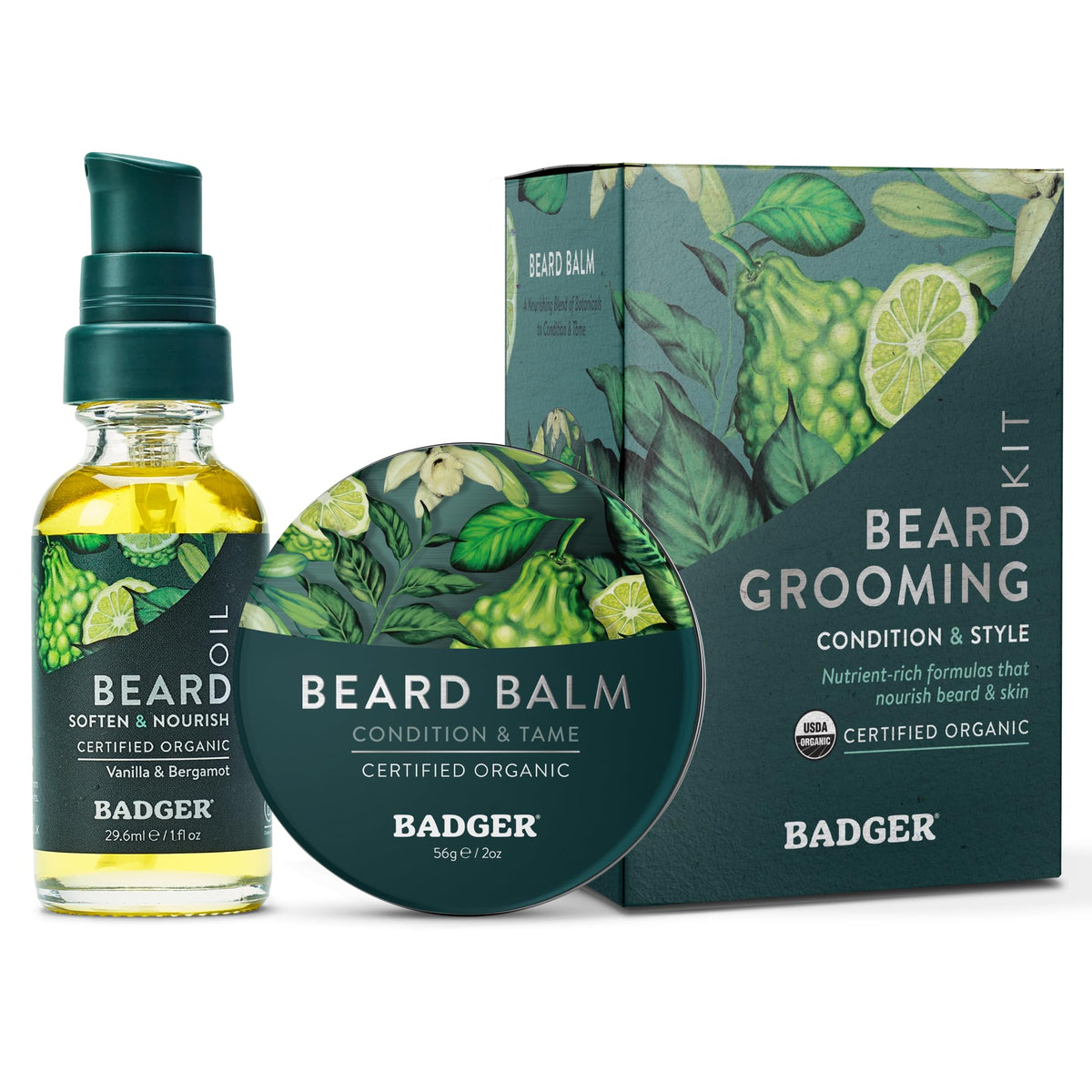 Badger beard oil bottle showing fast absorbing formula for smooth beard care