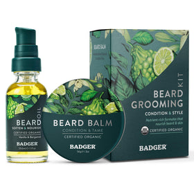 Badger beard oil bottle showing fast absorbing formula for smooth beard care