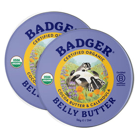 Badger Belly Butter 2oz tin front for deep hydration during pregnancy.