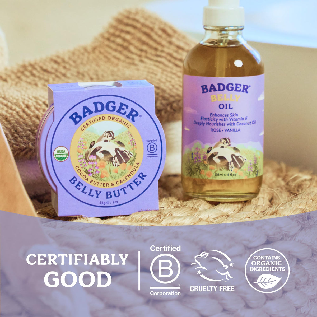 Badger Belly Butter cruelty-free and gluten-free badge on packaging.