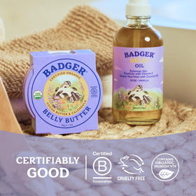 Badger Belly Butter cruelty-free and gluten-free badge on packaging.