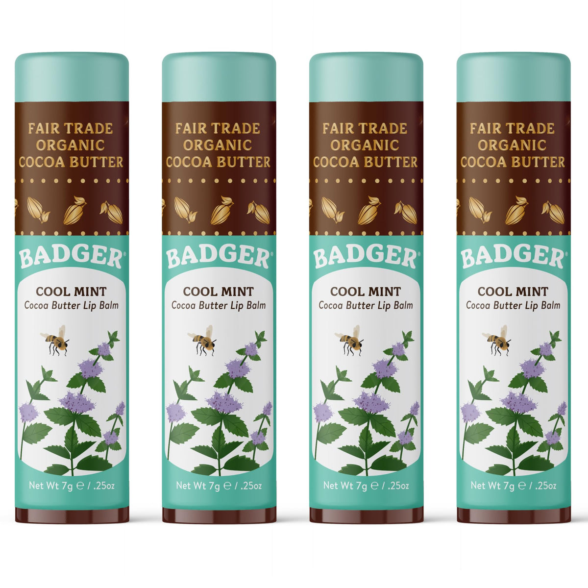 Badger Cool Mint Cocoa Butter Lip Balm 4-pack long lasting hydration on lips