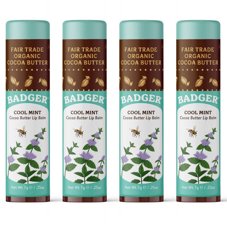 Badger Cool Mint Cocoa Butter Lip Balm 4-pack long lasting hydration on lips