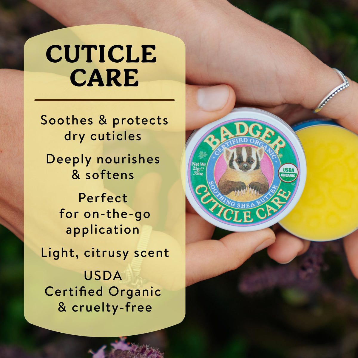 Badger deep hydration balm closeup for long-lasting cuticle moisture.