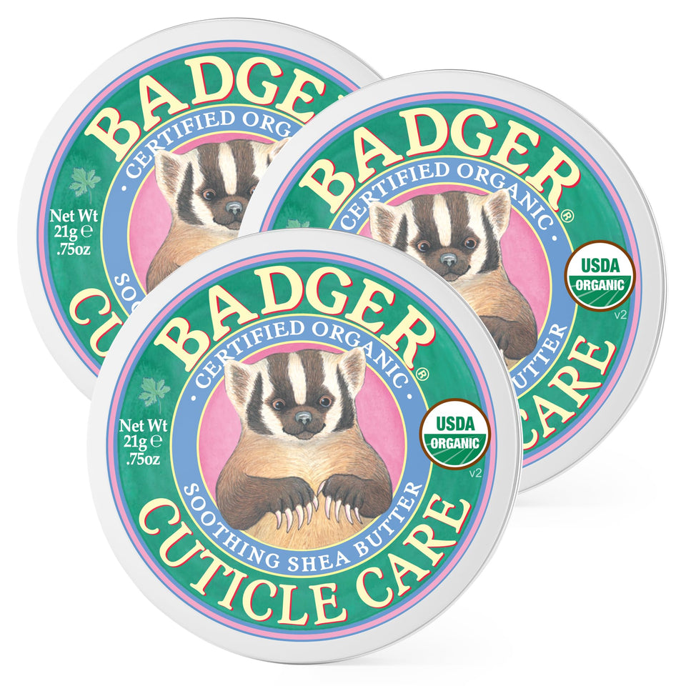 Badger Cuticle Cream jar shown, soothing dry cuticles for smoother nails.