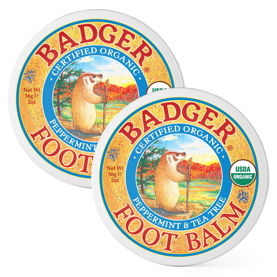 Badger Foot Balm jar close-up showing rich moisturizing formula for dry feet.
