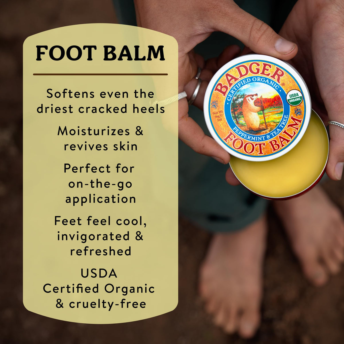 Badger Foot Balm tin open with balm ready to apply.
