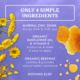 Badger four-ingredient formula zinc oxide sunscreen highlights simple ingredients.
