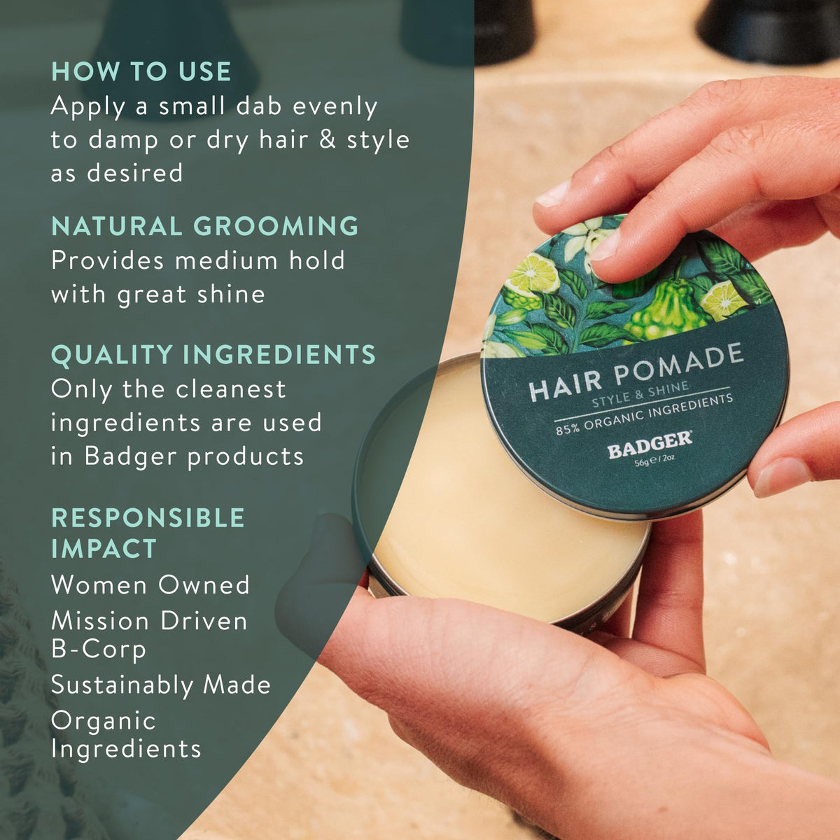 Badger Hair Pomade for Men ingredients image shows coconut oil and waxes