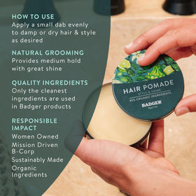 Badger Hair Pomade for Men ingredients image shows coconut oil and waxes