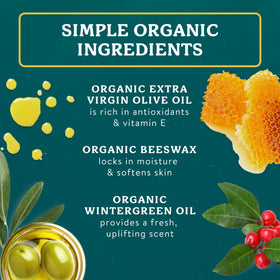 Ingredient panel of Badger Healing Balm with olive oil, castor oil, and aloe