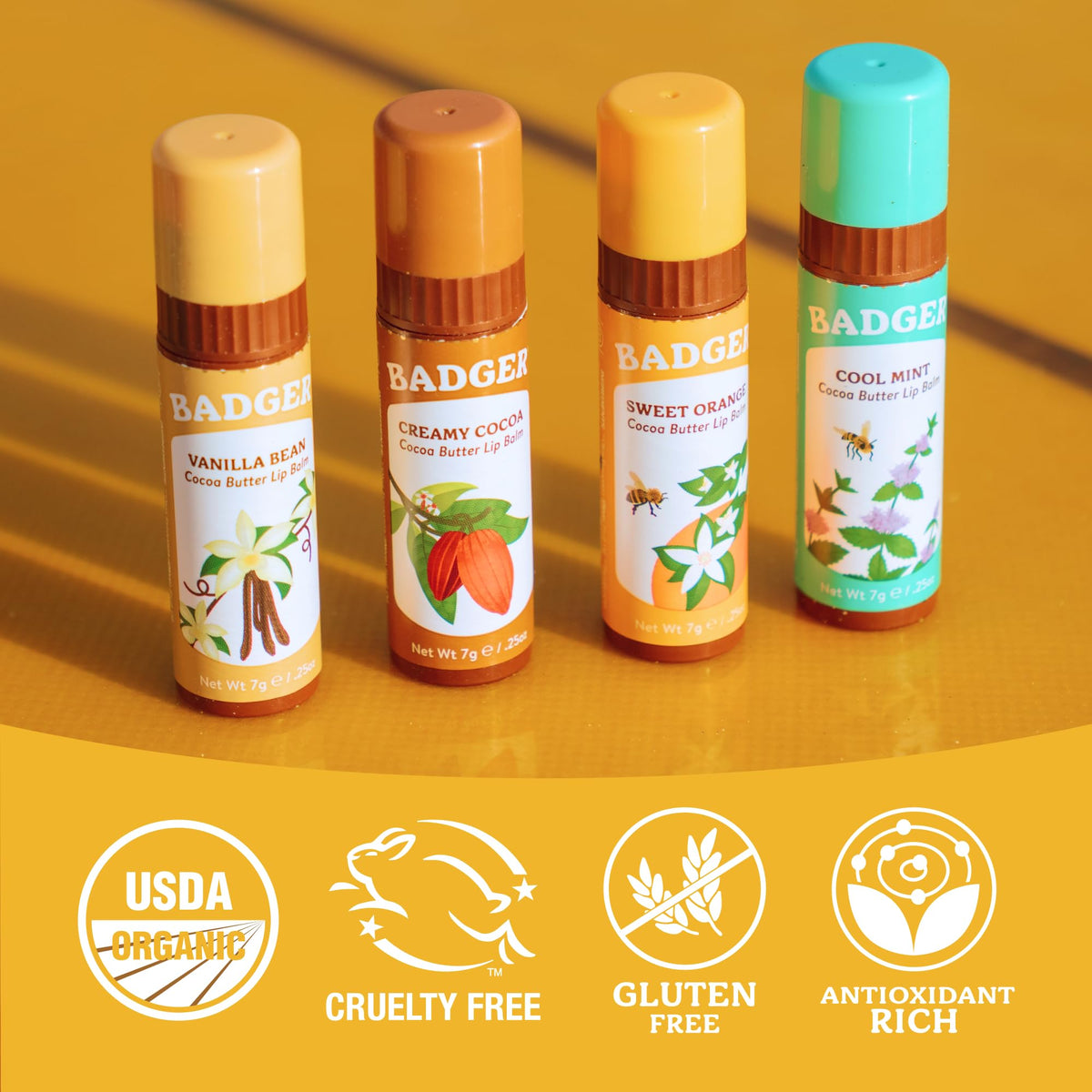 Badger lip balm with orange essential oils and citrus scent.