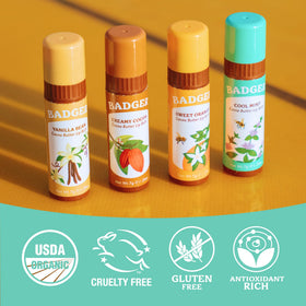 Badger organic cocoa butter olive oil beeswax closeup highlights natural ingredients