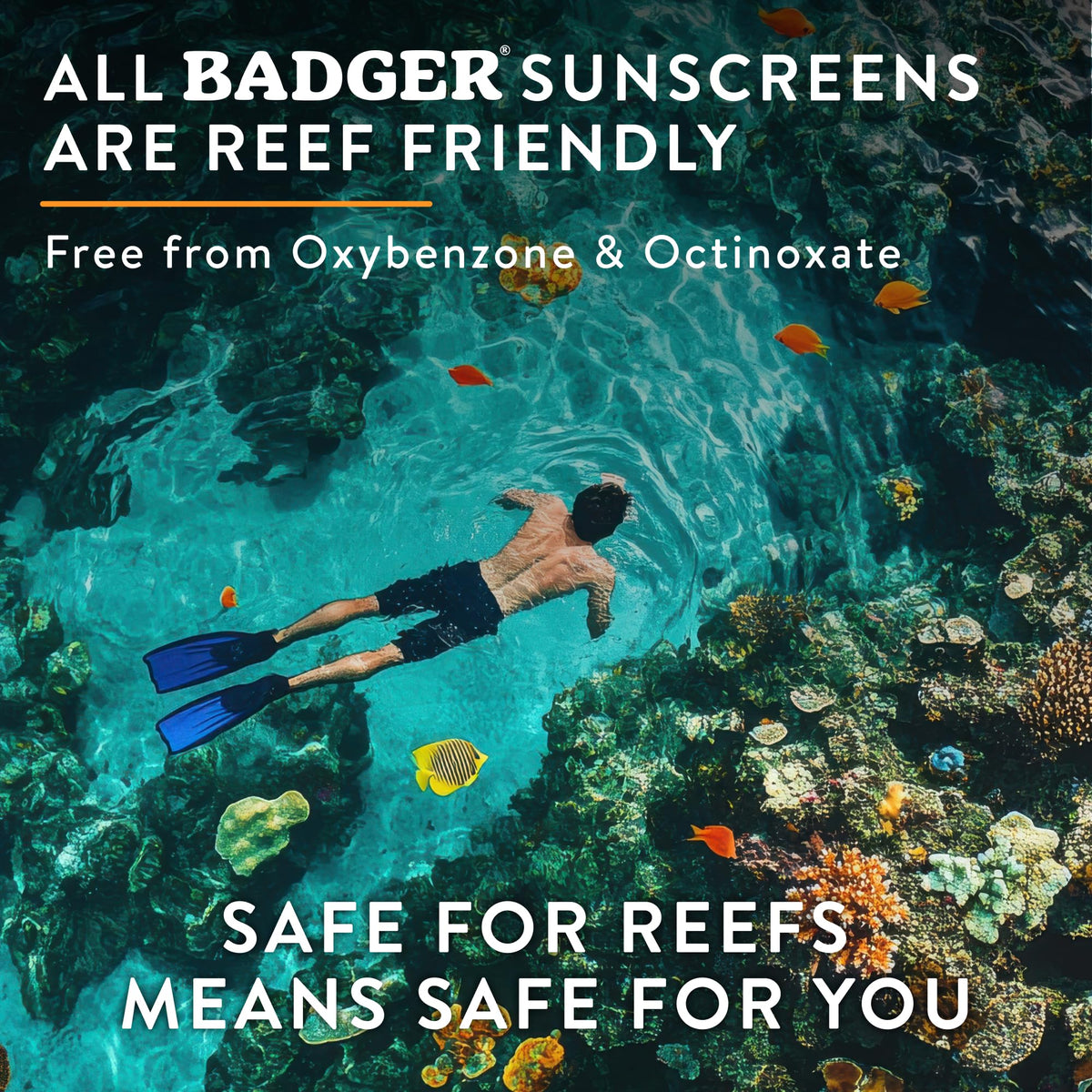 Badger reef-safe mineral sunscreen protecting coral ecosystems at the beach