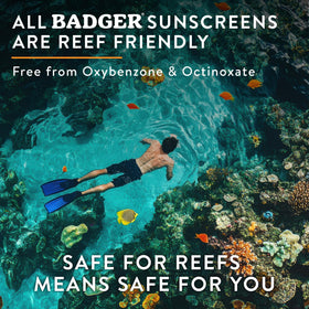 Badger reef-safe mineral sunscreen protecting coral ecosystems at the beach