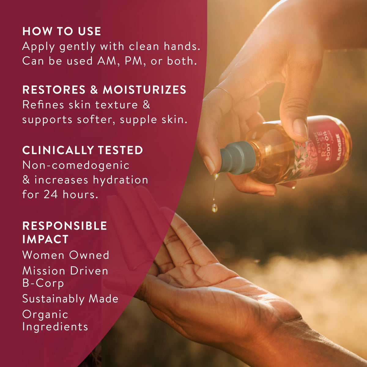 Badger Rose Body Oil glass bottle emphasizing eco-friendly packaging