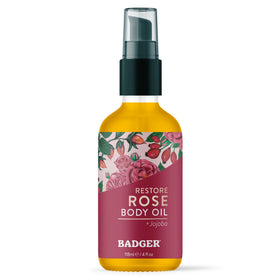 Badger Rose Body Oil bottle shown for daily hydration and silky skin